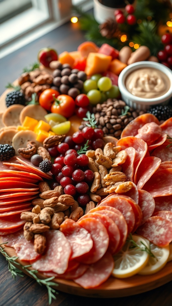 A festive charcuterie board with meats, fruits, nuts, and dips, garnished with herbs for a holiday celebration.